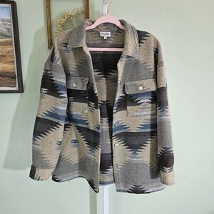 Prissy Jane Oversized Aztec Print Shirt Jacket‎ Gray Beige Blue Womens Large